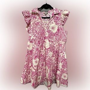 Umgee Flutter Sleeve Pink Floral Ruffle Abstract Dress Ladies Size L
